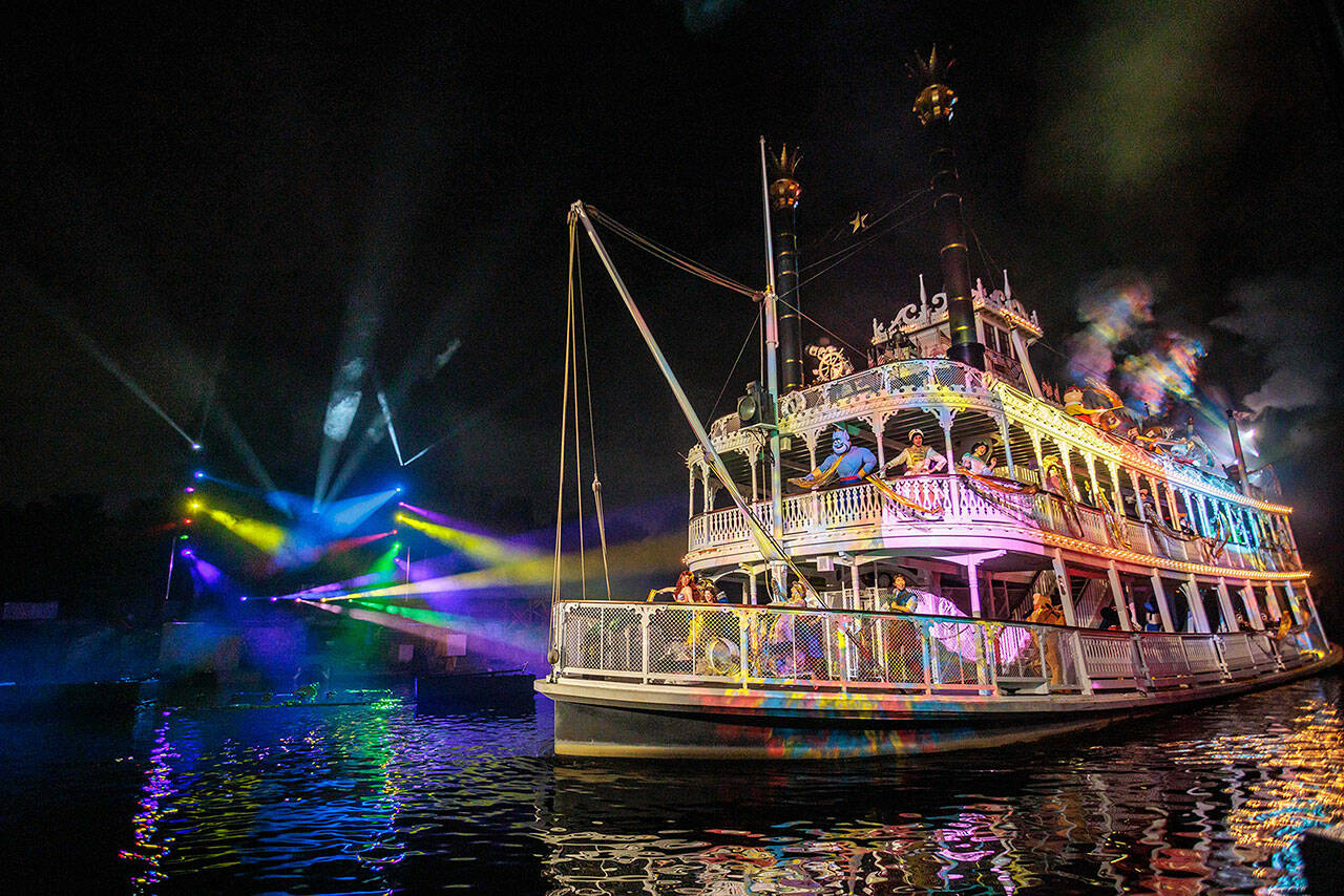 “Fantasmic!” at Disneyland Park in Anaheim, Calif., is an emotional extravaganza of colorful Disney animated film images, choreographed to an exciting musical score. The waters of the Rivers of America come alive as Mickey Mouse’s power of imagination enables him to create fantastic events and images as seen in beloved Disney classic films like “Fantasia,” “The Jungle Book,” “The Little Mermaid” and more. (Richard Harbaugh/Disneyland Resort)