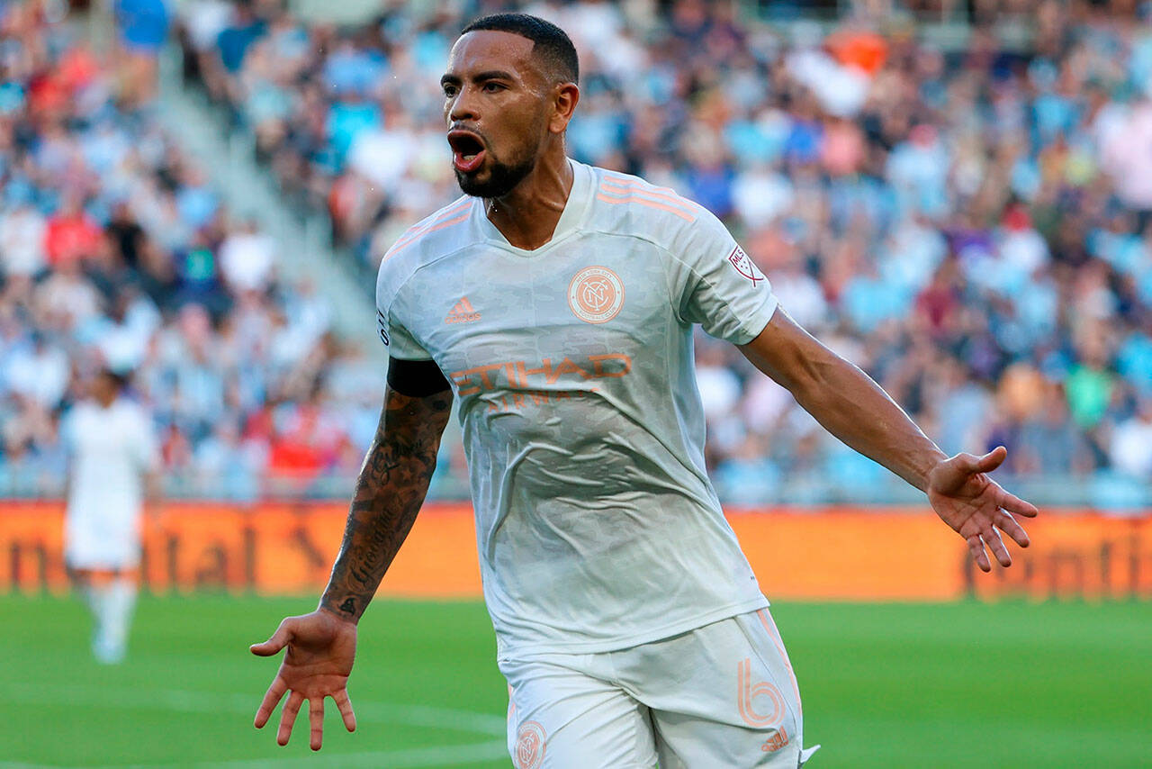 May 28, 2022; Saint Paul, Minnesota, USA; New York City defender Alexander Callens (6) reacts to a first half goal against the Minnesota United at Allianz Field. Mandatory Credit: Matt Krohn-USA TODAY Sports