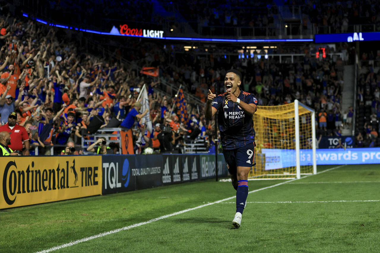 Sep 10, 2022; Cincinnati, Ohio, USA; FC Cincinnati forward Brenner (9) celebrates after scoring a goal on a penalty kick against the San Jose Earthquakes in the second half at TQL Stadium. Mandatory Credit: Aaron Doster-USA TODAY Sports