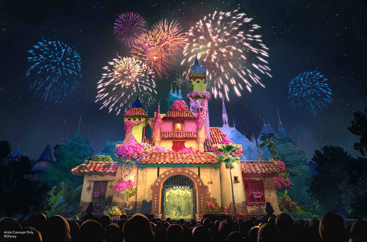 To celebrate The Walt Disney Company's 100th anniversary, among several special offerings taking place throughout the year, an all-new nighttime spectacular will debut at Disneyland Park in Anaheim, Calif., on Jan. 27, 2023. “Wondrous Journeys” will feature nods to every Walt Disney Animation Studios film over the past century, including “Encanto,” as depicted in this concept art. “Wondrous Journeys” will turn Main Street, U.S.A., Sleeping Beauty Castle, the façade of “it’s a small world” and the Rivers of America into an artist’s canvas and bring stories to life all around guests. On select nights, “Wondrous Journeys” will go even bigger with the addition of sparkling fireworks in the sky above Disneyland park. (Artist Concept/Disneyland Resort)