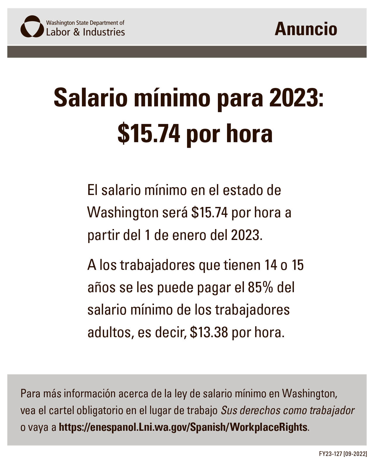 Flyer: Provides the hourly minimum wage for 2023. / Volante: Informa sobre el salario mínimo por hora en el 2023