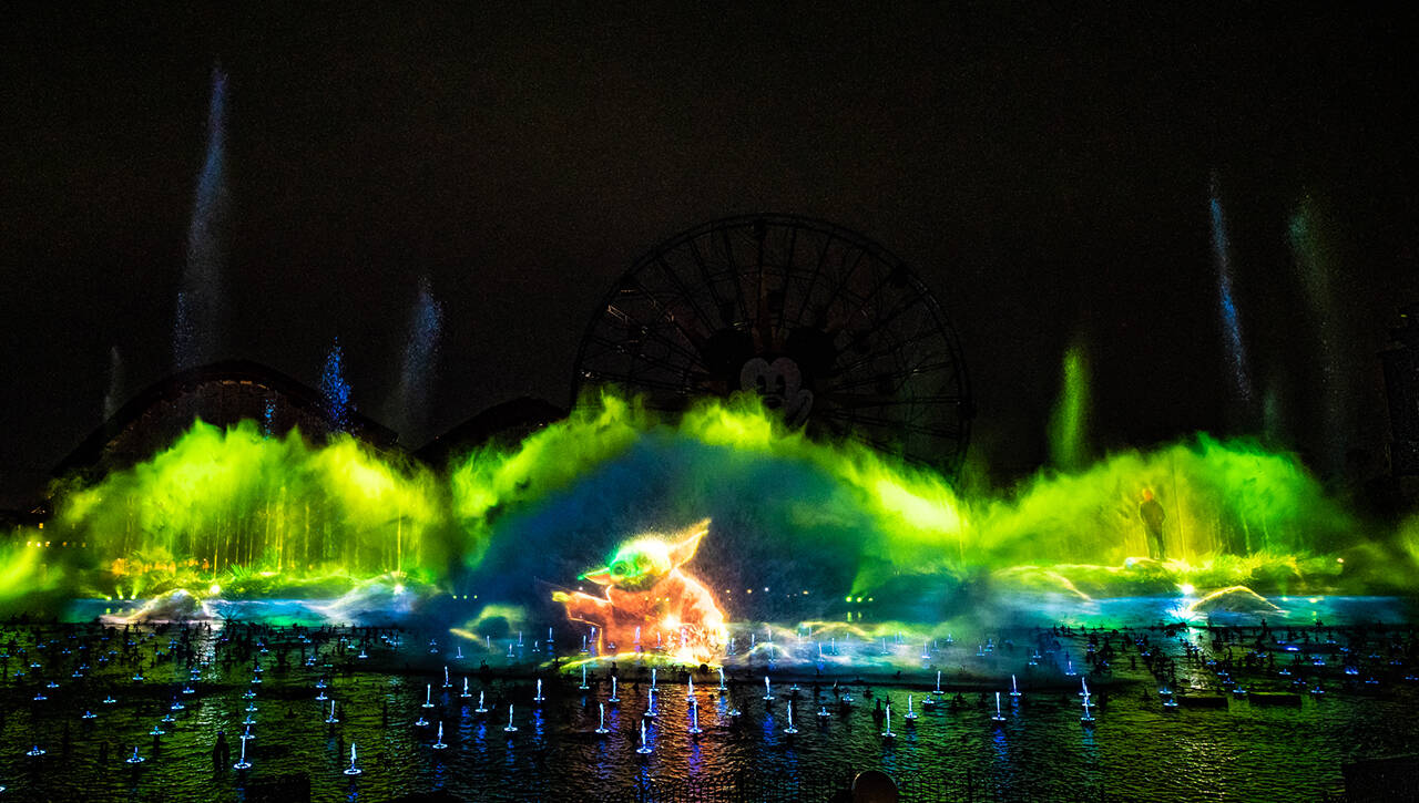 On Jan. 27, 2023, “World of Color – ONE” will debut at Disney California Adventure Park in Anaheim, Calif., as part of the Disney100 anniversary celebration at the Disneyland Resort. This nighttime spectacular by Disney Live Entertainment tells the powerful story of how a single action – like a drop of water – creates a ripple that can grow into a wave of change. Paradise Bay is transformed with a dazzling array of fountains, lighting, lasers, fog and flame effects, harmonized with songs and stories of courageous, loving and inspiring characters who dared to be wavemakers and change the world. (Christian Thompson/Disneyland Resort)